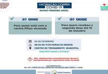 Secretaria de Saúde promove vacinação nesta quarta-feira, 09, das 08 às 11h30h, no Centro de Treinamento de Muniz Ferreira