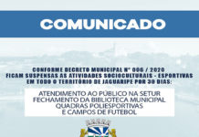 Consubstanciado no Decreto Municipal 006, SECULT suspende atividades esportivo-culturais, em JAGUARIPE