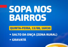 Projeto Sopa nos Bairros visita Salto da Onça e Gravatá nesta quinta (13), em SAJ