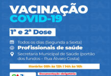 Secretaria de saúde aplica 1a e 2a. doses de vacina contra Covid em profissionais de saúde, de 2a. a sexta; SAJ