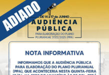 Prefeitura de Jaguaripe comunica que a Audiência Pública em prol do PPA, dessa 5a. feira, 17, terá nova data, a ser agendada