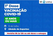 Prefeitura realiza, nessa segunda-feira, 12, no Ginásio de Esportes, vacinação contra Covid-19, em pessoas com 41 anos