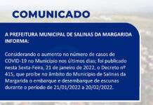 Prefeitura de Salinas da Margarida, em face da Covid-19, proíbe embarque e desembarque de escunas de 21.01 a 02.02.22