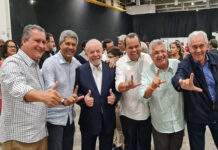 Rui Costa, Jerônimo Rodrigues, Lula, Geraldo Júnior, Bacelar e Otto Alencar no lançamento da pré-candidatura de Lula em São Paulo