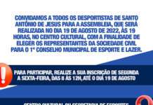 Prefeitura de S.A. de Jesus realizará assembleia para escolha dos membros que formarão o 1o. Conselho Municipal de Esporte e Lazer