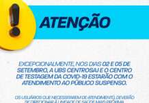 Prefeitura reforça informação acerca de alteração no funcionamento da UBS CENTROSAJ e o Centro de Testagem COVID-19