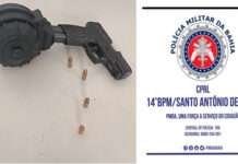 Guarnições do 14o. BPM apreenderam pistola com c arregador tipo caracol, em S.A.Jesus