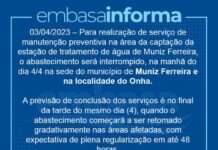 EMBASA realiza manutenção no sistema de abastecimento de água no Onha, nessa terça: MUNIZ FERREIRA