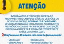 Secretaria de Saúde (SMS) informa acerca de suspensão atendimento em algumas Unidades Básicas de Saúde (UBS) para treinamento