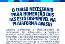Prefeitura informa que curso necessário para nomeação dos Agentes Comunitários de Saúde, está disponível na plataforma AVASUS