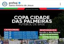 Copa Cidade das Palmeiras prossegue, nesse domingo, no Estádio J. Trindade Lobo, em S.A.Jesus