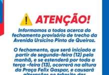 Prefeitura informa acerca de fechamento, para realização de obra de drenagem, de trecho da Avenida Ursicino P. Queiroz
