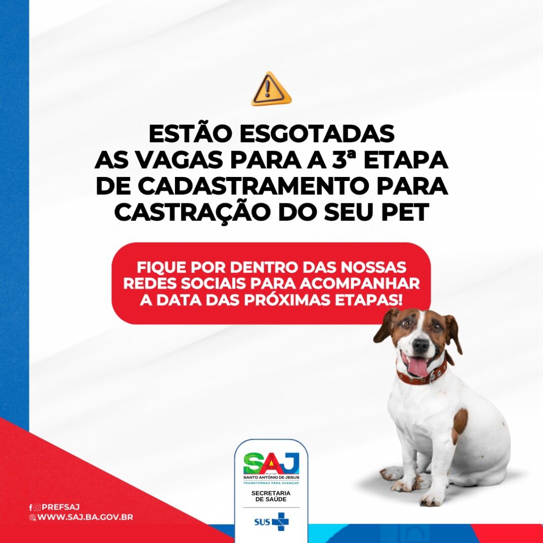 SAJ: Prefeitura informa acerca do preenchimento de vagas para a SAJ: Prefeitura informa acerca do preenchimento de vagas para a 3ª etapa de castração de gatos e cães – Prefeitura de Santo Antônio de Jesus - BA