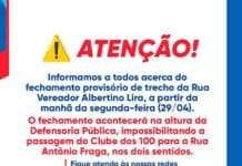 Prefeitura informa acerca de fechamento, para realização de obra de drenagem, de trecho da Rua Vereador Albertino Lira