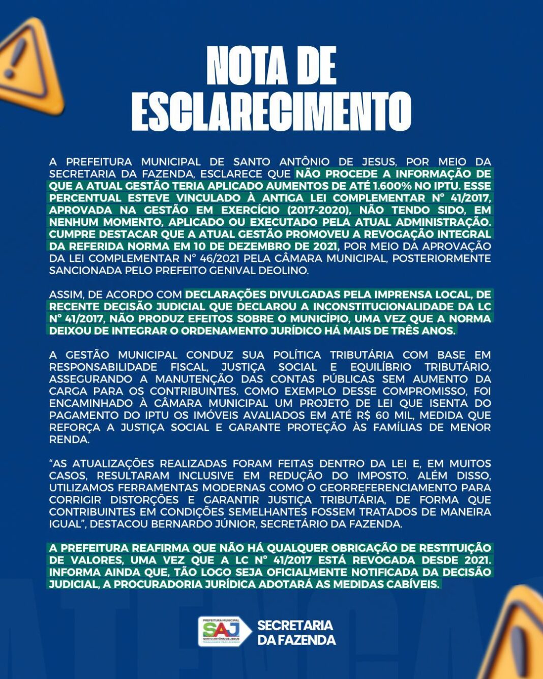 NOTA DE ESCLARECIMENTO – Prefeitura de Santo Antônio de Jesus NOTA DE ESCLARECIMENTO – Prefeitura de Santo Antônio de Jesus - BA