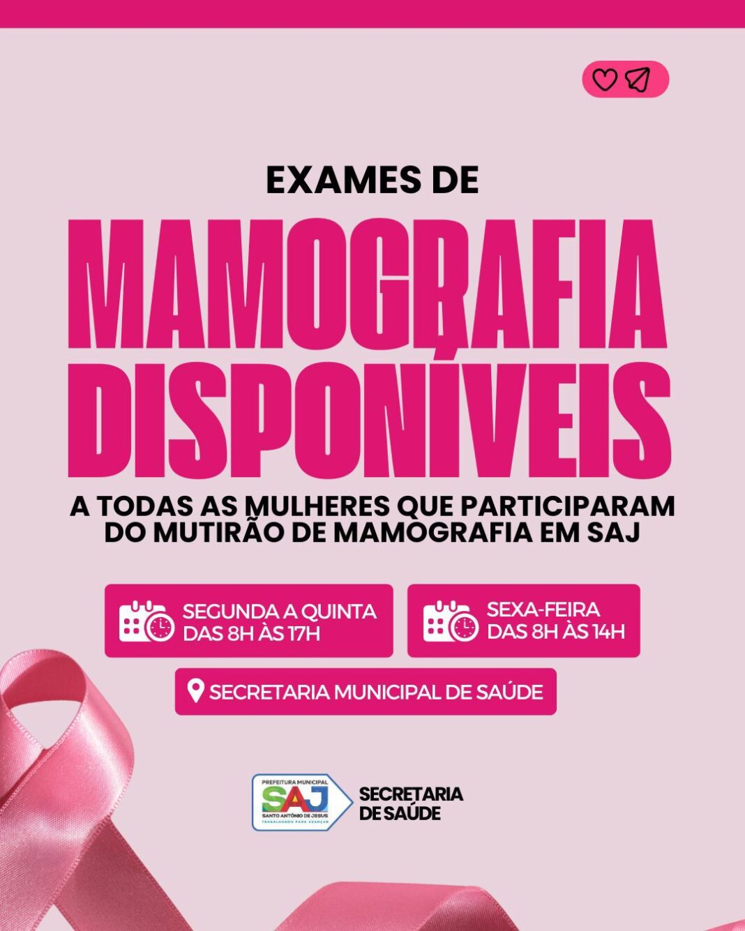 SAJ: Prefeitura informa que exames do Mutirão de Mamografia já SAJ: Prefeitura informa que exames do Mutirão de Mamografia já estão disponíveis para retirada – Prefeitura de Santo Antônio de Jesus - BA
