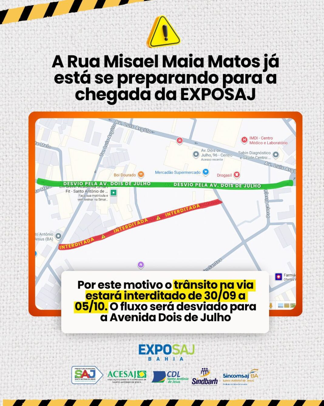 SAJ: Prefeitura informa sobre interdição provisória da Rua Misael Maia para montagem da ExpoSAJ Bahia – Prefeitura de Santo Antônio de Jesus - BA